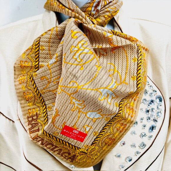 New tag on BALENCIGA Paris Mini Scarf Cotton/Silk 20" Gold Beige Floral Logo(89 - Picture 1 of 7